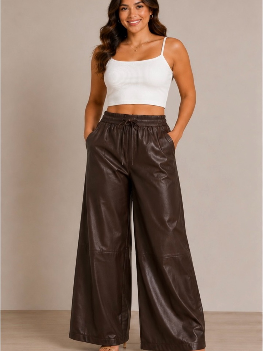 Wide Leg Faux Leather Pants in Dark Brown